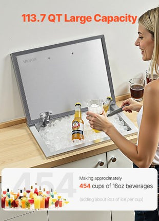 Drop in Ice Chest, 28"L x 20"W x 17"H Stainless Steel Drop in Cooler, 113.7 Quart Commercial Ice Bin with Flip Lid for Outdoor Kitchen Patio Bar, Drain-pipe Set Included, for Cold Wine Beer