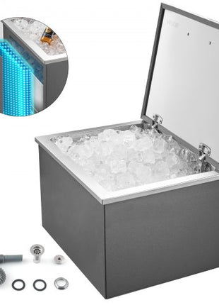Drop in Ice Chest, 28"L x 20"W x 17"H Stainless Steel Drop in Cooler, 113.7 Quart Commercial Ice Bin with Flip Lid for Outdoor Kitchen Patio Bar, Drain-pipe Set Included, for Cold Wine Beer