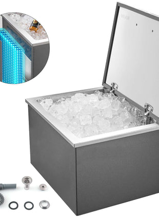 Drop in Ice Chest, 28"L x 20"W x 17"H Stainless Steel Drop in Cooler, 113.7 Quart Commercial Ice Bin with Flip Lid for Outdoor Kitchen Patio Bar, Drain-pipe Set Included, for Cold