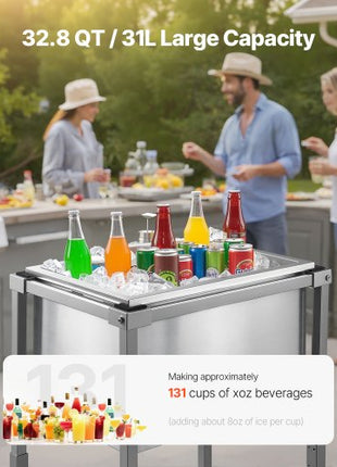 Rolling Ice Chest Cooler Cart, 22"L x 16"W x 38"H Stainless Steel Cooling Bin on Wheels, 32.8 Quart Outdoor Stand Up Cooler Trolley with Shelf, for Patio Backyard Party Bar Cold Drinks
