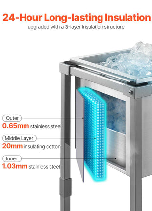 Rolling Ice Chest Cooler Cart, 22"L x 16"W x 38"H Stainless Steel Cooling Bin on Wheels, 32.8 Quart Outdoor Stand Up Cooler Trolley with Shelf, for Patio Backyard Party Bar Cold Drinks