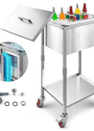 Rolling Ice Chest Cooler Cart, 22"L x 16"W x 38"H Stainless Steel Cooling Bin on Wheels, 32.8 Quart Outdoor Stand Up Cooler Trolley with Shelf, for Patio Backyard Party Bar Cold Drinks