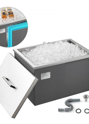 Drop in Ice Chest, 20"L x 14"W x 12"H Stainless Steel Drop in Cooler, 31.7 Quart Commercial Ice Bin with Pot Lid for Outdoor Kitchen Patio Bar, Drain-pipe Set Included, for Cold Wine Beer