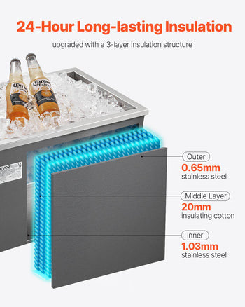 Drop in Ice Chest, 20"L x 14"W x 12"H Stainless Steel Drop in Cooler, 31.7 Quart Commercial Ice Bin with Pot Lid for Outdoor Kitchen Patio Bar, Drain-pipe Set Included, for Cold