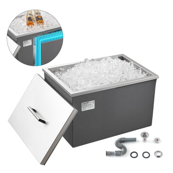 Drop in Ice Chest, 20"L x 14"W x 12"H Stainless Steel Drop in Cooler, 31.7 Quart Commercial Ice Bin with Pot Lid for Outdoor Kitchen Patio Bar, Drain-pipe Set Included, for Cold
