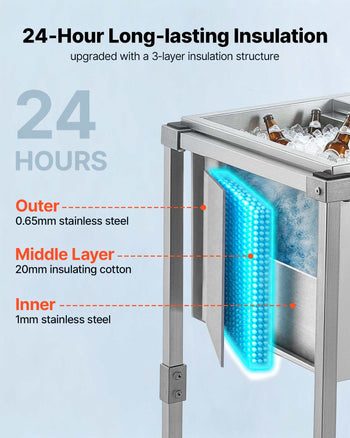Rolling Ice Chest Cooler Cart Stainless Steel Cooling Bin 44.8 Quart, Outdoor Stand Up Cooler Trolley with Wheels, Sliding Lid, Shelf, for Patio Backyard Party Bar Cold Drinks, 26x19.9x38.8 in