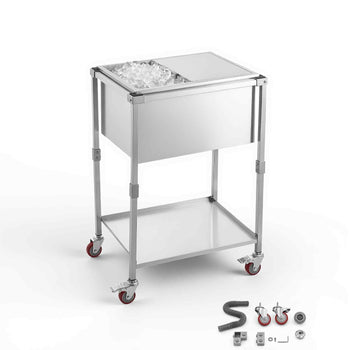 Rolling Ice Chest Cooler Cart Stainless Steel Cooling Bin 44.8 Quart, Outdoor Stand Up Cooler Trolley with Wheels, Sliding Lid, Shelf, for Patio Backyard Party Bar Cold Drinks, 26x19.9x38.8 in