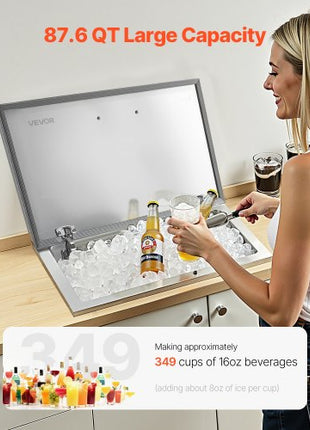 Drop in Ice Chest, 28"L x 16"W x 17"H Stainless Steel Drop in Cooler, 87.6 Quart Commercial Ice Bin with Flip Lid for Outdoor Kitchen Patio Bar, Drain-pipe Set Included, for Cold Wine Beer