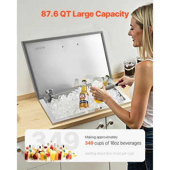 Drop in Ice Chest, 28"L x 16"W x 17"H Stainless Steel Drop in Cooler, 87.6 Quart Commercial Ice Bin with Flip Lid for Outdoor Kitchen Patio Bar, Drain-pipe Set Included, for Cold Wine Beer