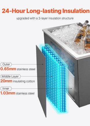 Drop in Ice Chest, 28"L x 16"W x 17"H Stainless Steel Drop in Cooler, 87.6 Quart Commercial Ice Bin with Flip Lid for Outdoor Kitchen Patio Bar, Drain-pipe Set Included, for Cold