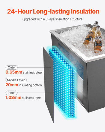 Drop in Ice Chest, 28"L x 16"W x 17"H Stainless Steel Drop in Cooler, 87.6 Quart Commercial Ice Bin with Flip Lid for Outdoor Kitchen Patio Bar, Drain-pipe Set Included, for Cold