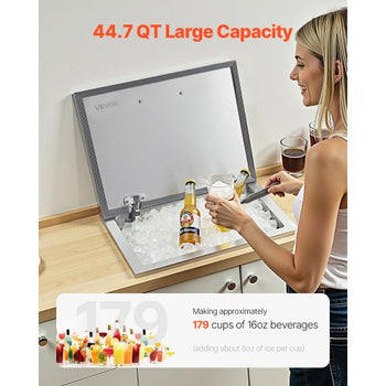 Drop in Ice Chest, 20"L x 16"W x 13"H Stainless Steel Drop in Cooler, 44.7 Quart Commercial Ice Bin with Flip Lid for Outdoor Kitchen Patio Bar, Drain-pipe Set Included, for Cold Wine Beer