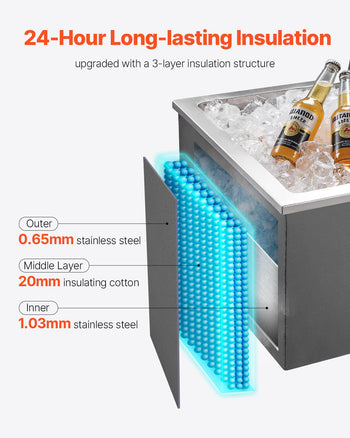 Drop in Ice Chest, 20"L x 16"W x 13"H Stainless Steel Drop in Cooler, 44.7 Quart Commercial Ice Bin with Flip Lid for Outdoor Kitchen Patio Bar, Drain-pipe Set Included, for Cold