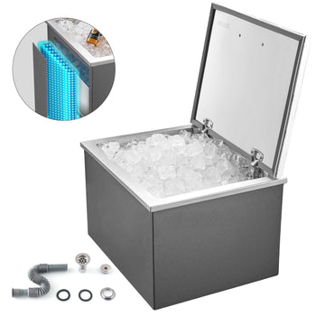 Drop in Ice Chest, 20"L x 16"W x 13"H Stainless Steel Drop in Cooler, 44.7 Quart Commercial Ice Bin with Flip Lid for Outdoor Kitchen Patio Bar, Drain-pipe Set Included, for Cold