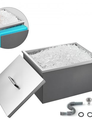 Drop in Ice Chest, 22"L x 17"W x 12"H Stainless Steel Drop in Cooler, 45.3 Quart Commercial Ice Bin with Pot Lid for Outdoor Kitchen Patio Bar, Drain-pipe Set Included, for Cold Wine Beer
