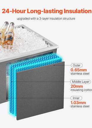 Drop in Ice Chest, 22"L x 17"W x 12"H Stainless Steel Drop in Cooler, 45.3 Quart Commercial Ice Bin with Pot Lid for Outdoor Kitchen Patio Bar, Drain-pipe Set Included, for Cold