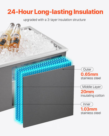 Drop in Ice Chest, 22"L x 17"W x 12"H Stainless Steel Drop in Cooler, 45.3 Quart Commercial Ice Bin with Pot Lid for Outdoor Kitchen Patio Bar, Drain-pipe Set Included, for Cold