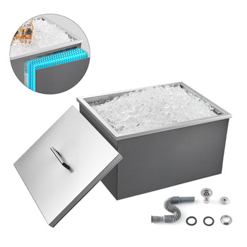 Drop in Ice Chest, 22"L x 17"W x 12"H Stainless Steel Drop in Cooler, 45.3 Quart Commercial Ice Bin with Pot Lid for Outdoor Kitchen Patio Bar, Drain-pipe Set Included, for Cold
