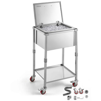 Rolling Ice Chest Cooler Cart Stainless Steel Cooling Bin 57.7 Quart, Outdoor Stand Up Cooler Trolley with Wheels, Flip Lid, and Shelf, for Patio Backyard Party Bar Cold Drinks, 22x17.9x39.5 in