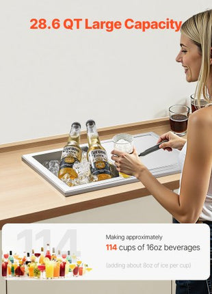 Drop in Ice Chest, 18"L x 12"W x 15"H Stainless Steel Drop in Cooler, 28.6 Quart Commercial Ice Bin with Sliding Lid for Outdoor Kitchen Patio Bar, Drain-pipe Set Included, for Cold Wine Beer