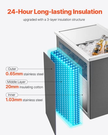 Drop in Ice Chest, 18"L x 12"W x 15"H Stainless Steel Drop in Cooler, 28.6 Quart Commercial Ice Bin with Sliding Lid for Outdoor Kitchen Patio Bar, Drain-pipe Set Included, for Cold