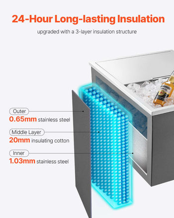 Drop in Ice Chest, 24"L x 18"W x 13"H Stainless Steel Drop in Cooler, 57.8 Quart Commercial Ice Bin with Sliding Lid for Outdoor Kitchen Patio Bar, Drain-pipe Set Included, for Cold