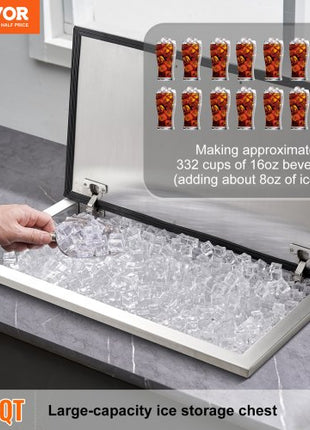 Drop in Ice Chest, 24"L x 20"W x 15"H Stainless Steel Ice Cooler, Commercial Ice Bin with Hinged Cover, 40 qt Outdoor Kitchen Ice Bar, Drain-pipe and Drain Plug Included, for Cold Wine Beer