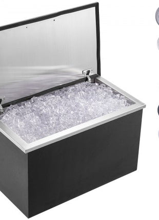 Drop in Ice Chest, 24"L x 20"W x 15"H Stainless Steel Ice Cooler, Commercial Ice Bin with Hinged Cover, 40 qt Outdoor Kitchen Ice Bar, Drain-pipe and Drain Plug Included, for Cold Wine Beer