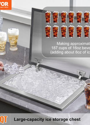 Drop in Ice Chest, 20"L x 16"W x 13"H Stainless Steel Ice Cooler, Commercial Ice Bin with Hinged Cover, 40 qt Outdoor Kitchen Ice Bar, Drain-pipe and Drain Plug Included, for Cold Wine Beer