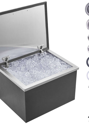 Black ice chest with stainless steel lid, filled with ice, ideal for outdoor gatherings and parties.