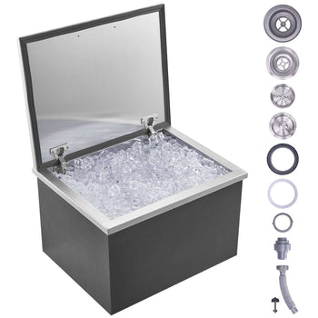 Black ice chest with stainless steel lid, filled with ice, ideal for outdoor gatherings and parties.