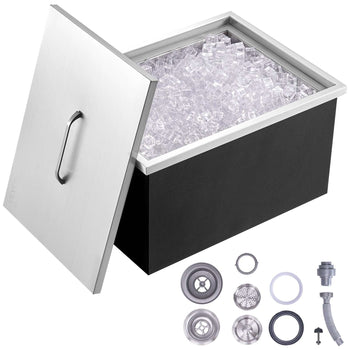 Stainless steel and black ice maker bin with lid and accessories, perfect for outdoor gatherings and entertaining.