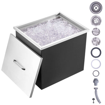 Sleek black ice maker with stainless steel lid, featuring clear ice cubes and various accessories for easy setup.