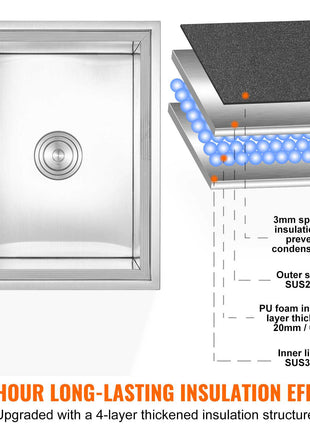Stainless steel insulated sink with 3mm sponge, PU foam, and SUS201 shell. Enhanced 4-layer insulation design.