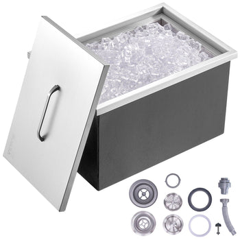 Stainless steel ice bin with black base, filled with ice, includes accessories for easy drainage and use.