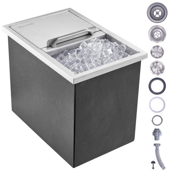 Stainless steel countertop ice maker, sleek black design, includes accessories, perfect for home bars and gatherings.