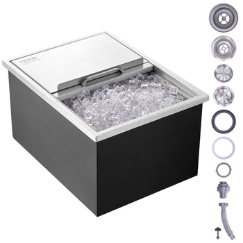 Stainless steel countertop ice maker in black, featuring a spacious bin filled with clear ice cubes and essential accessories.