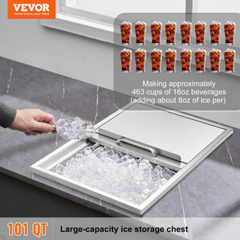 Drop in Ice Chest, 27"L x 18"W x 21"H Stainless Steel Ice Cooler, Commercial Ice Bin with Sliding Cover, 40.9 qt Outdoor Kitchen Ice Bar, Drain-pipe and Drain Plug Included, for Cold Wine Beer
