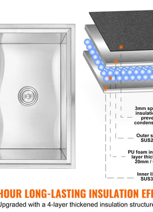 Stainless steel insulated sink with 3mm sponge, PU foam, and 20mm thickness for 24-hour temperature retention.