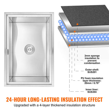 Stainless steel insulated sink with 3mm sponge, PU foam, and 20mm thickness for 24-hour temperature retention.