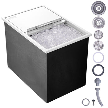 Black portable ice maker with stainless steel lid, featuring clear ice cubes and various accessory components.