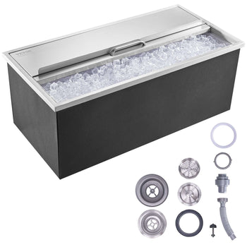 Stainless steel modern ice maker chest with black exterior and accessories for easy installation, ideal for outdoor entertaining.