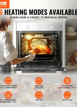 Single Wall Oven, 24" Electric Built-in Wall Oven with 6 Cooking Functions, 2.68 Cu.Ft Electric Wall Ovens with Timer, 2000W Electric Oven with Baking Rack and Tray, for Kitchen