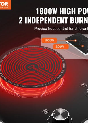 Electric Cooktop, 12 inch 2 Burners Built-in Electric Stove Top, 1800W Ceramic Top Radiant Cooktop, with Glass Panel, Knob Control, 11 Heat Levels, 120V, for Diverse Cooking Requirements