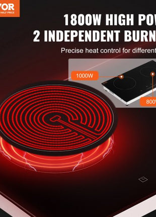 Electric Cooktop, 24 inch 2 Burners Built-in Electric Stove Top, 1800W Ceramic Top Radiant Cooktop with Glass Panel, Touch Control, Timer, Child Lock, 9 Heat Level, Residual Heat Indicator, 120V
