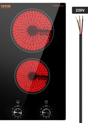 Electric Cooktop, 12 inch 2 Burners Built-in Electric Stove Top, 3000W Ceramic Top Radiant Cooktop, with Glass Panel, Knob Control, 11 Heat Levels, 220-240V, Hard Wire (No Plug)
