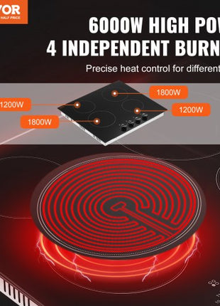 Electric Cooktop, 24 inch 4 Burners Built-in Electric Stove Top, 6000W Ceramic Top Radiant Cooktop, with Glass Panel, Knob Control, 11 Heat Levels, 220-240V, Hard Wire (No Plug)