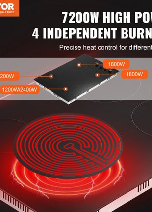 Electric Cooktop, 30 inch 4 Burners Built-in Electric Stove Top, 7200W Ceramic Top Radiant Cooktop, with Glass Panel, Knob Control, 11 Heat Levels, 220-240V, Hard Wire (No Plug)