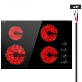 Electric Cooktop, 30 inch 4 Burners Built-in Electric Stove Top, 7200W Ceramic Top Radiant Cooktop, with Glass Panel, Knob Control, 11 Heat Levels, 220-240V, Hard Wire (No Plug)