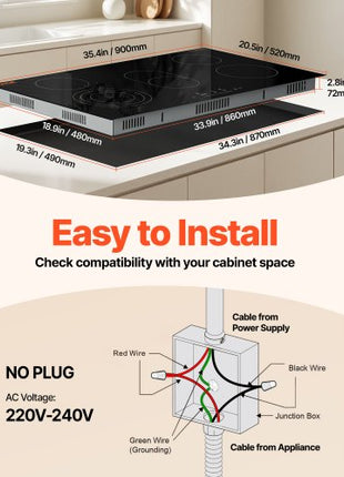 Electric Cooktop, 36 inch 5 Burners Built-in Electric Stove Top, 8600W Ceramic Top Radiant Cooktop with Glass Panel, Touch Control, Timer, Child Lock, 9 Heat Level, 220-240V, Hard Wire (No Plug)